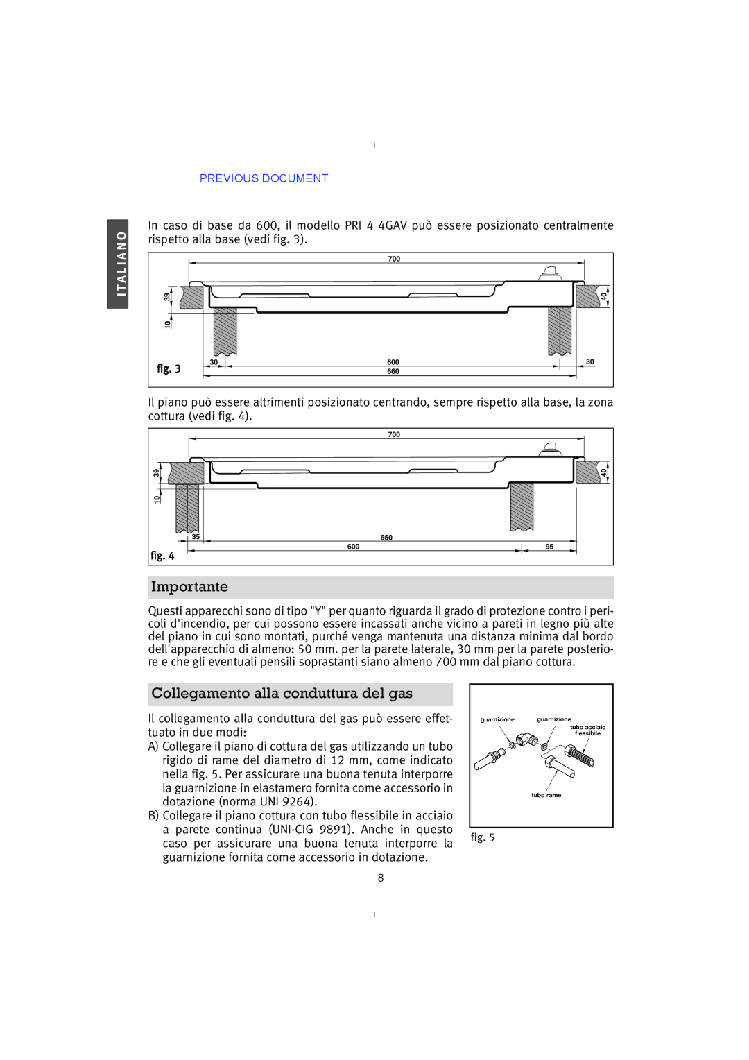 Franke Consumer Products PRI 5, 4GAV-TC instruction manual Collegamento alla conduttura del gas 