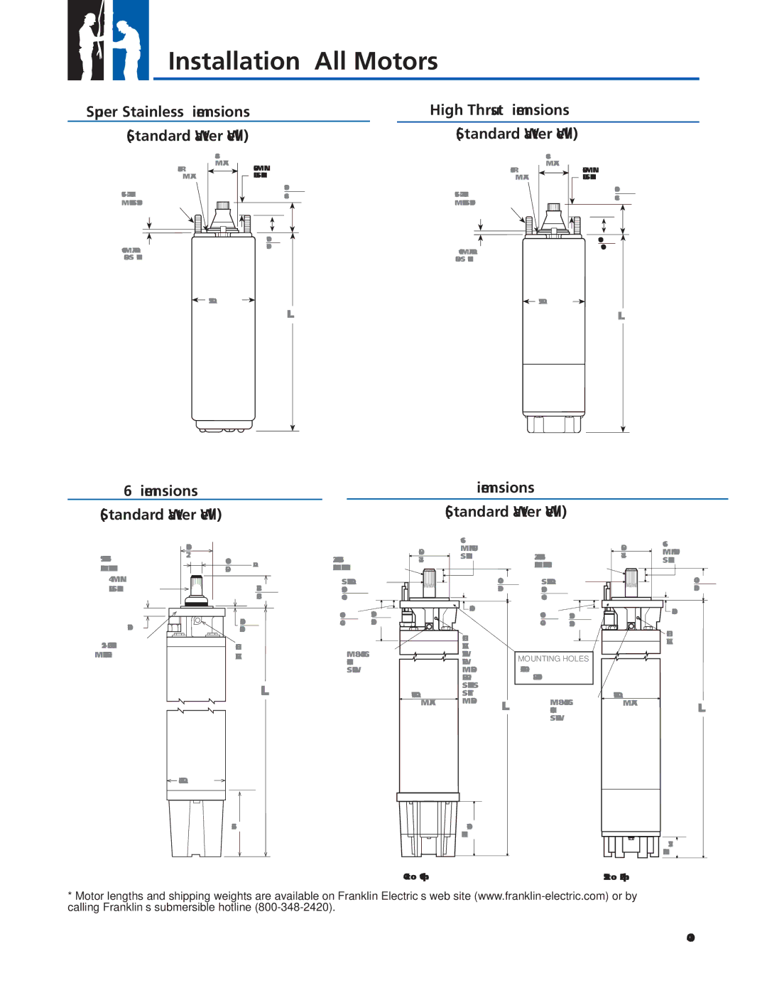 Franklin 2007 manual Installation All Motors, Dimensions Standard Water Well 