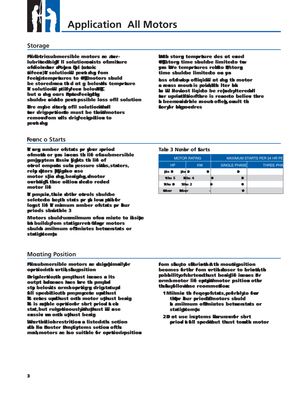 Franklin 2007 manual Application All Motors, Storage, Frequency of Starts, Mounting Position, Number of Starts 