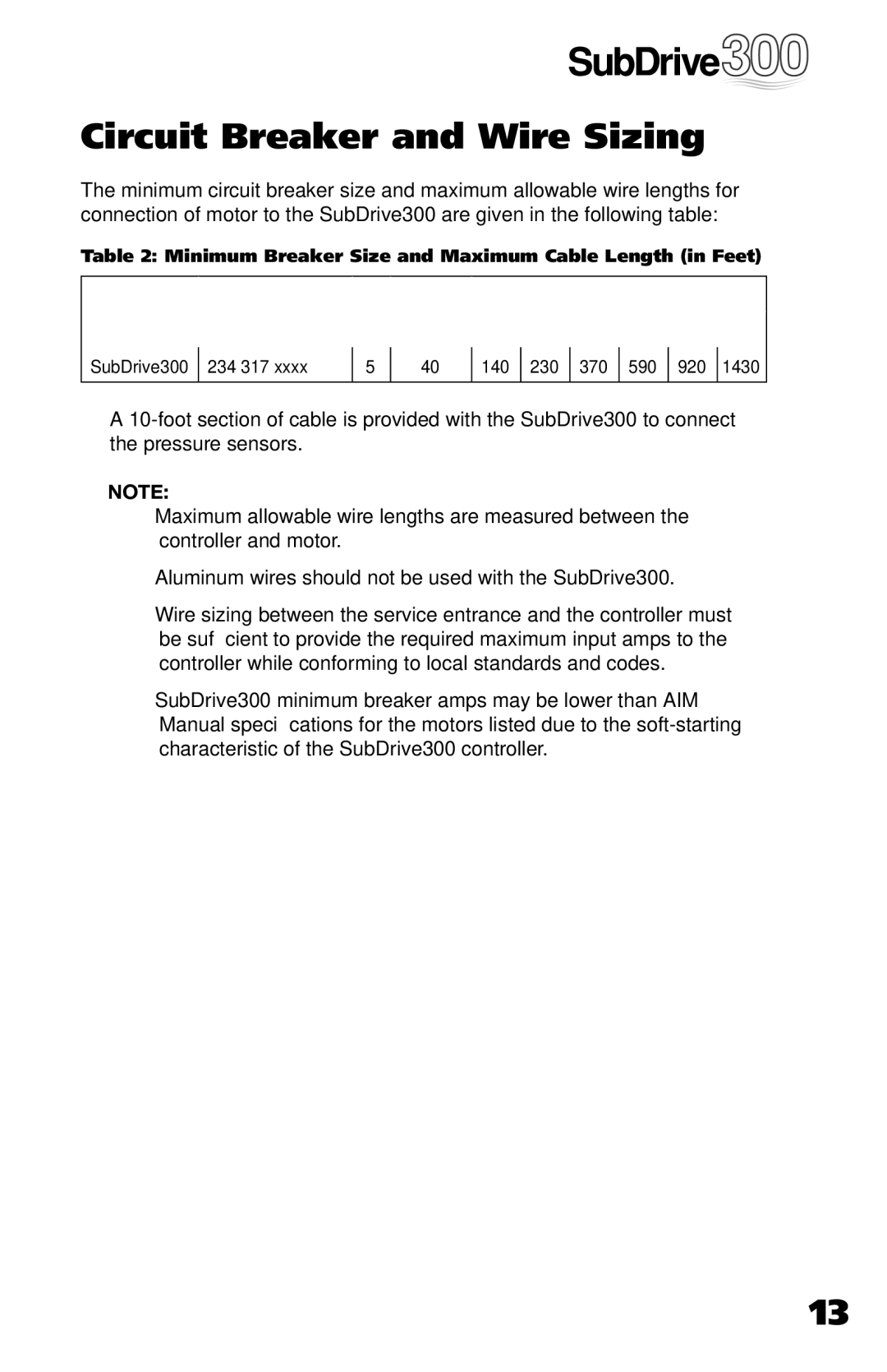 Franklin 5870206300 installation manual Circuit Breaker and Wire Sizing 