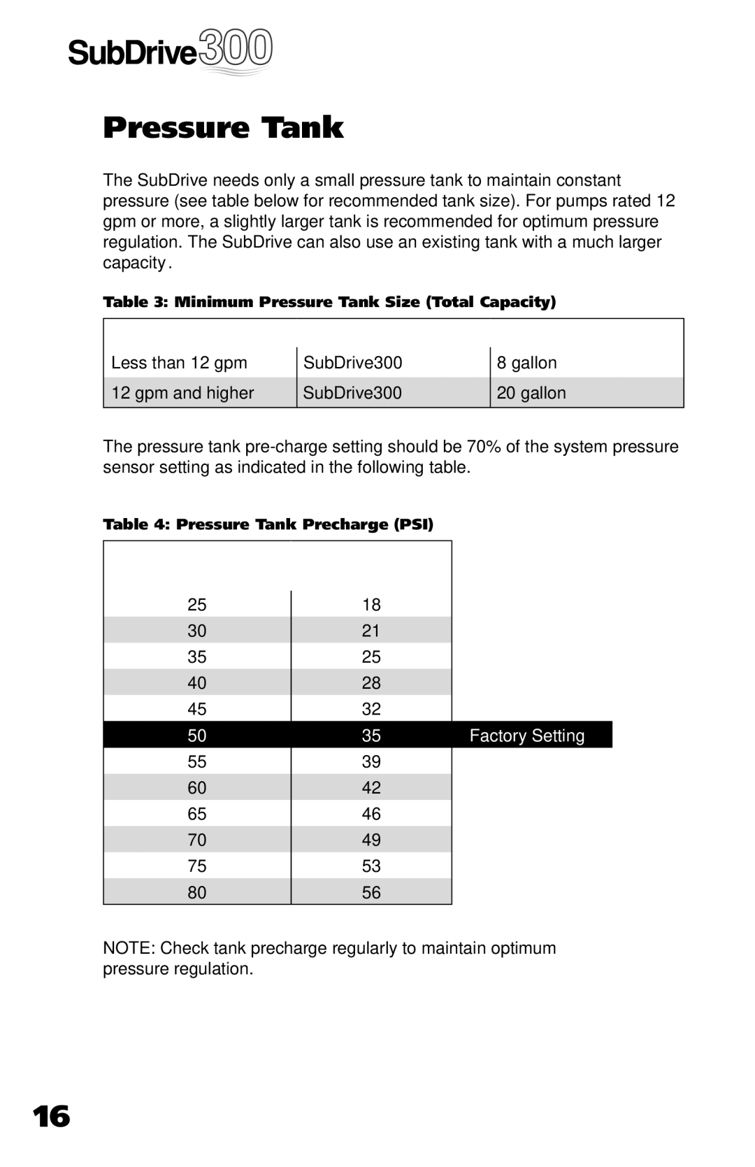 Franklin 5870206300 installation manual Pressure Tank, Minimum Tank Size 