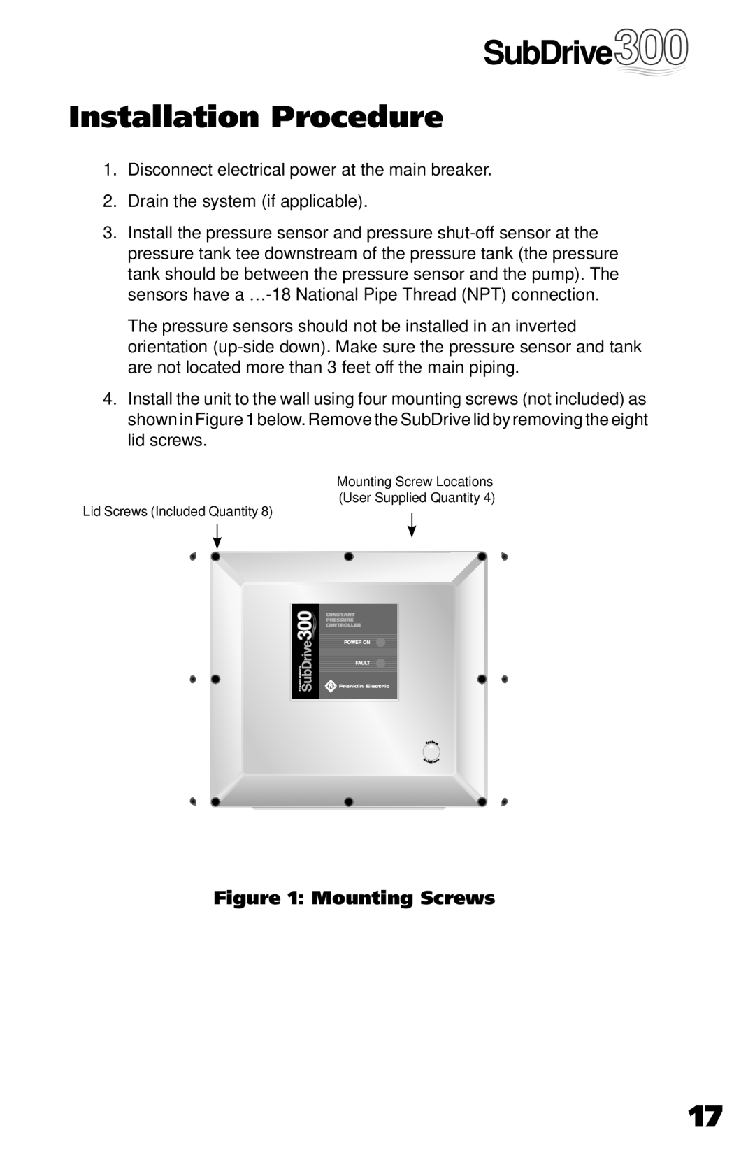 Franklin 5870206300 installation manual Installation Procedure, Mounting Screws 