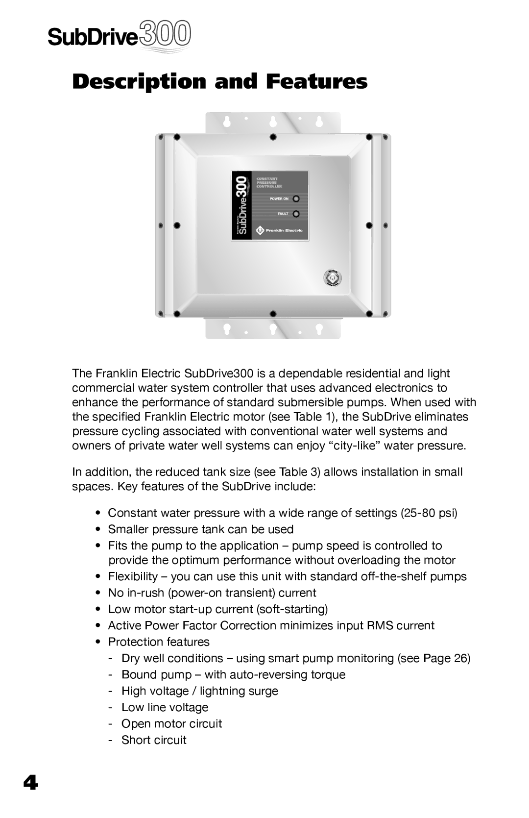 Franklin 5870206300 installation manual Description and Features 