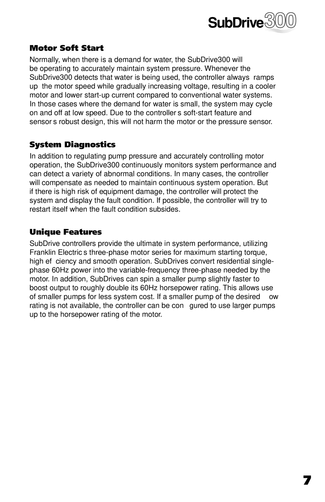 Franklin 5870206300 installation manual Motor Soft Start, System Diagnostics, Unique Features 