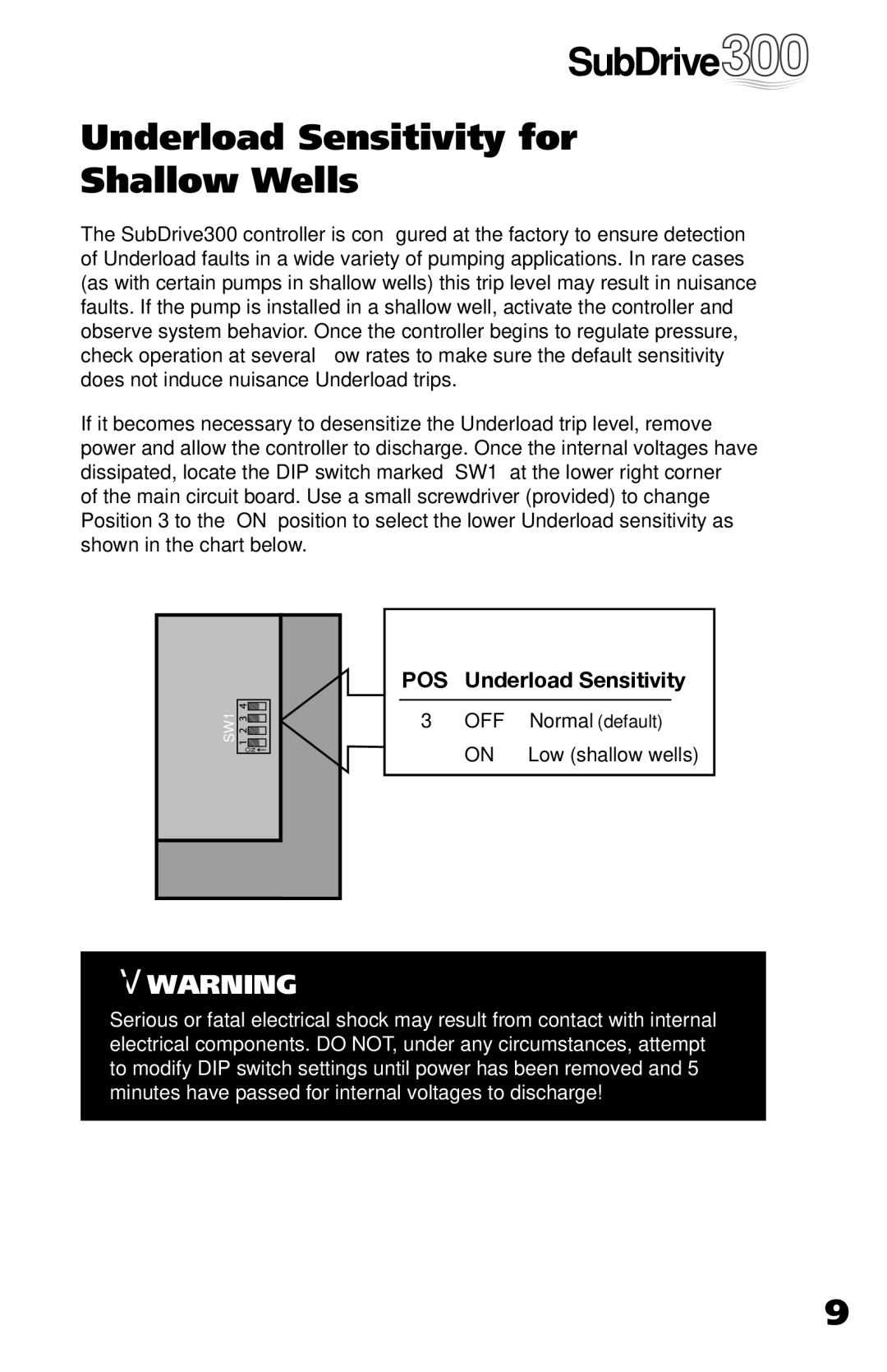 Franklin 5870206300 installation manual Underload Sensitivity for Shallow Wells, POS Underload Sensitivity 