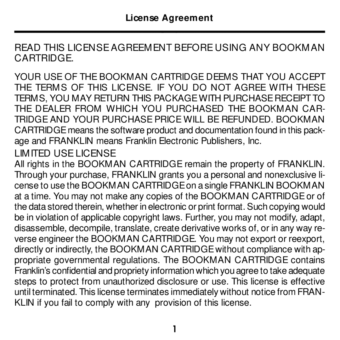 Franklin ATH-2011 manual Limited USE License, License Agreement 