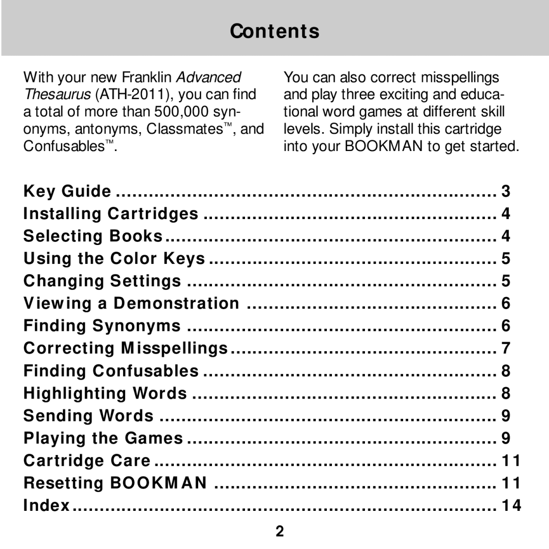 Franklin ATH-2011 manual Contents 