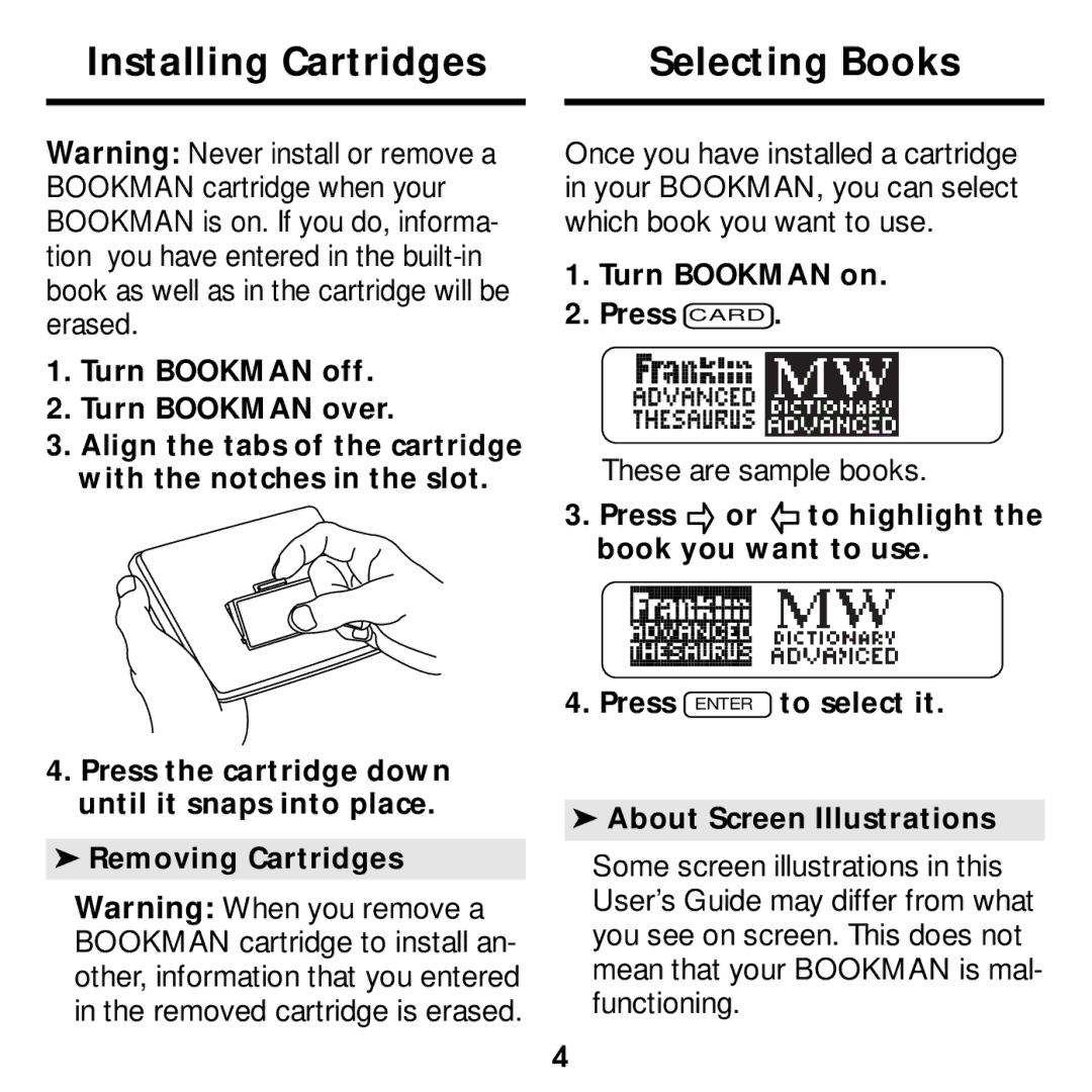 Franklin ATH-2011 manual Installing Cartridges Selecting Books, Turn Bookman on Press Card 