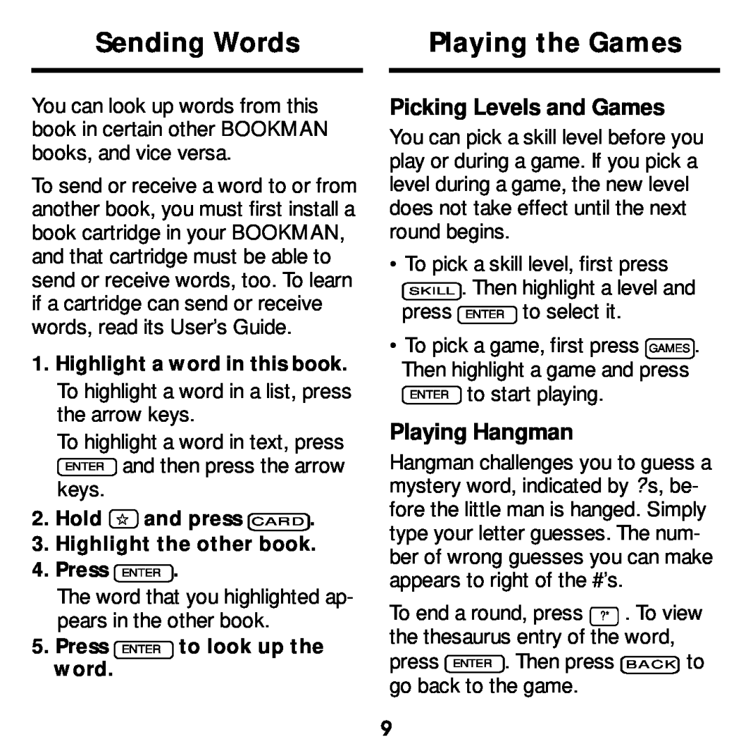 Franklin ATH-2011 manual Sending Words, Playing the Games, Picking Levels and Games, Playing Hangman 
