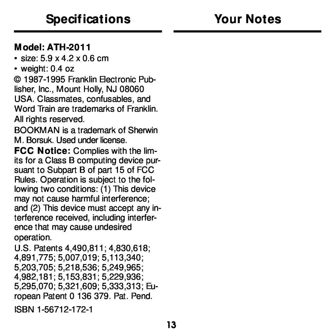 Franklin manual Specifications, Your Notes, Model ATH-2011 