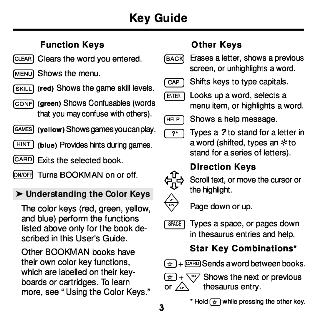 Franklin ATH-2011 manual Key Guide, Function Keys, Understanding the Color Keys, Other Keys, Direction Keys 