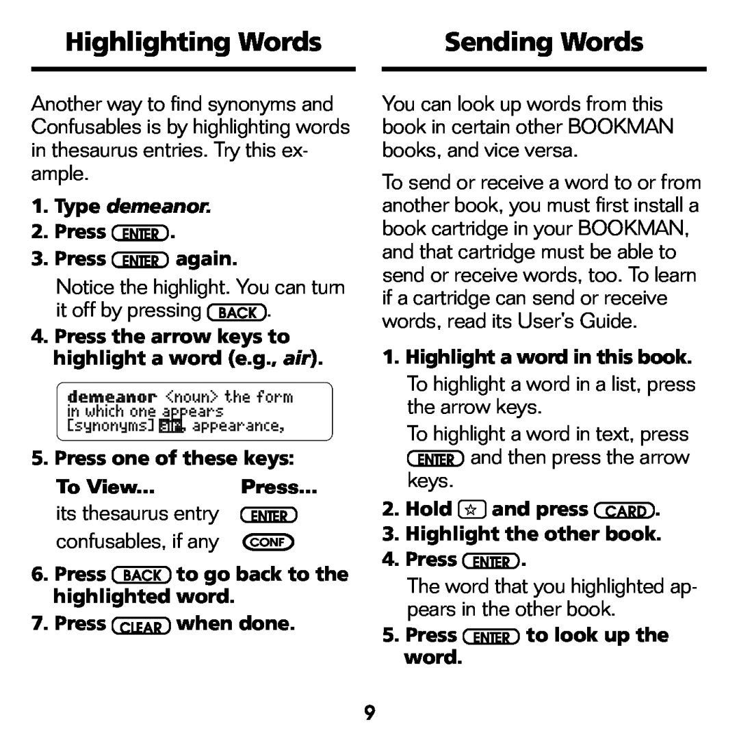 Franklin ATH-440 manual Highlighting Words, Sending Words, its thesaurus entry, confusables, if any, Type demeanor 