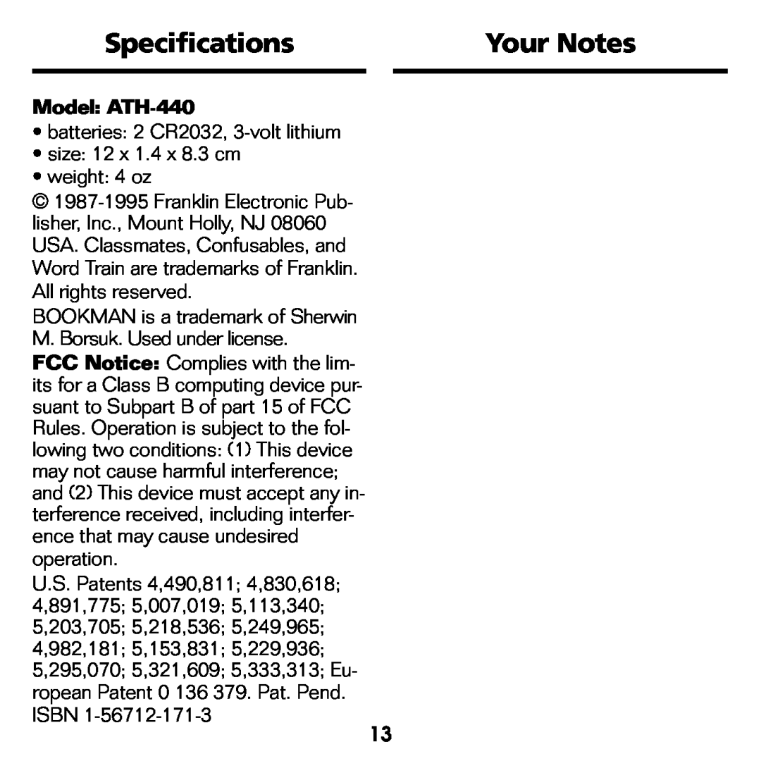 Franklin manual Specifications, Your Notes, Model ATH-440 