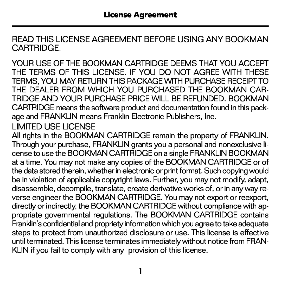 Franklin ATH-440 manual Read This License Agreement Before Using Any Bookman Cartridge, Limited Use License 