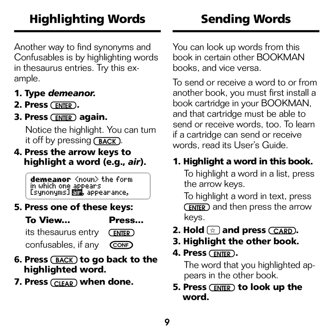 Franklin ATH-440 manual Highlighting Words Sending Words, Hold and press Card Highlight the other book Press Enter 