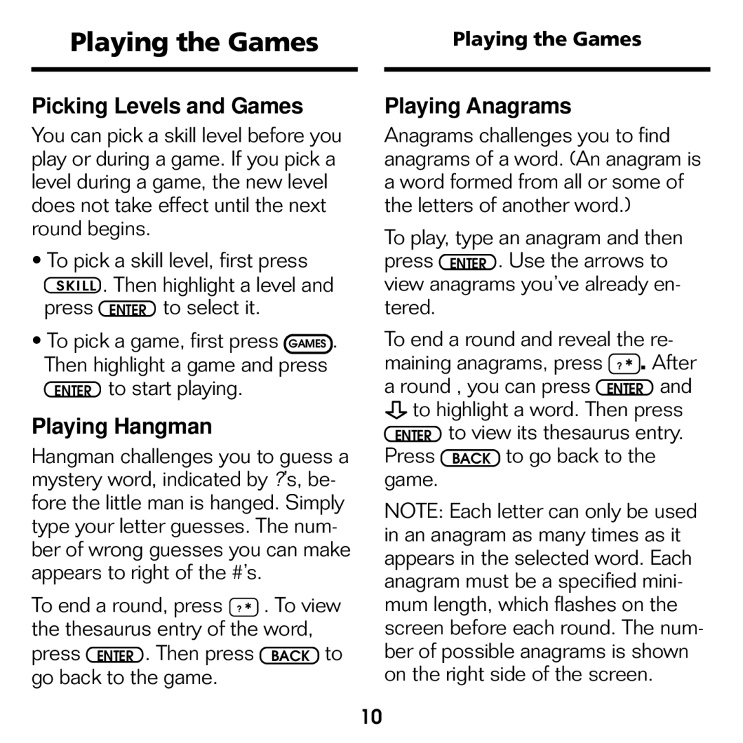 Franklin ATH-440 manual Playing the Games 