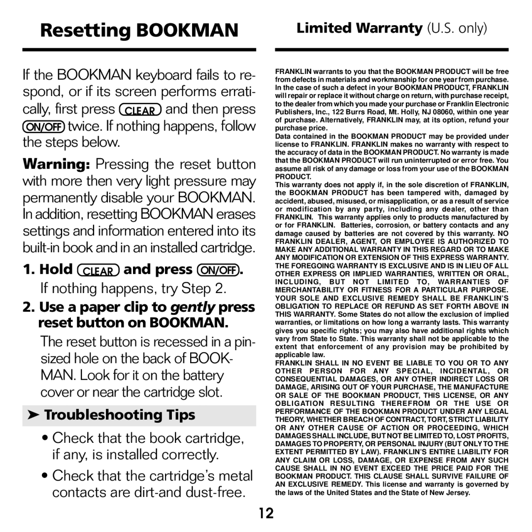 Franklin ATH-440 manual Resetting Bookman, Troubleshooting Tips, Limited Warranty U.S. only 