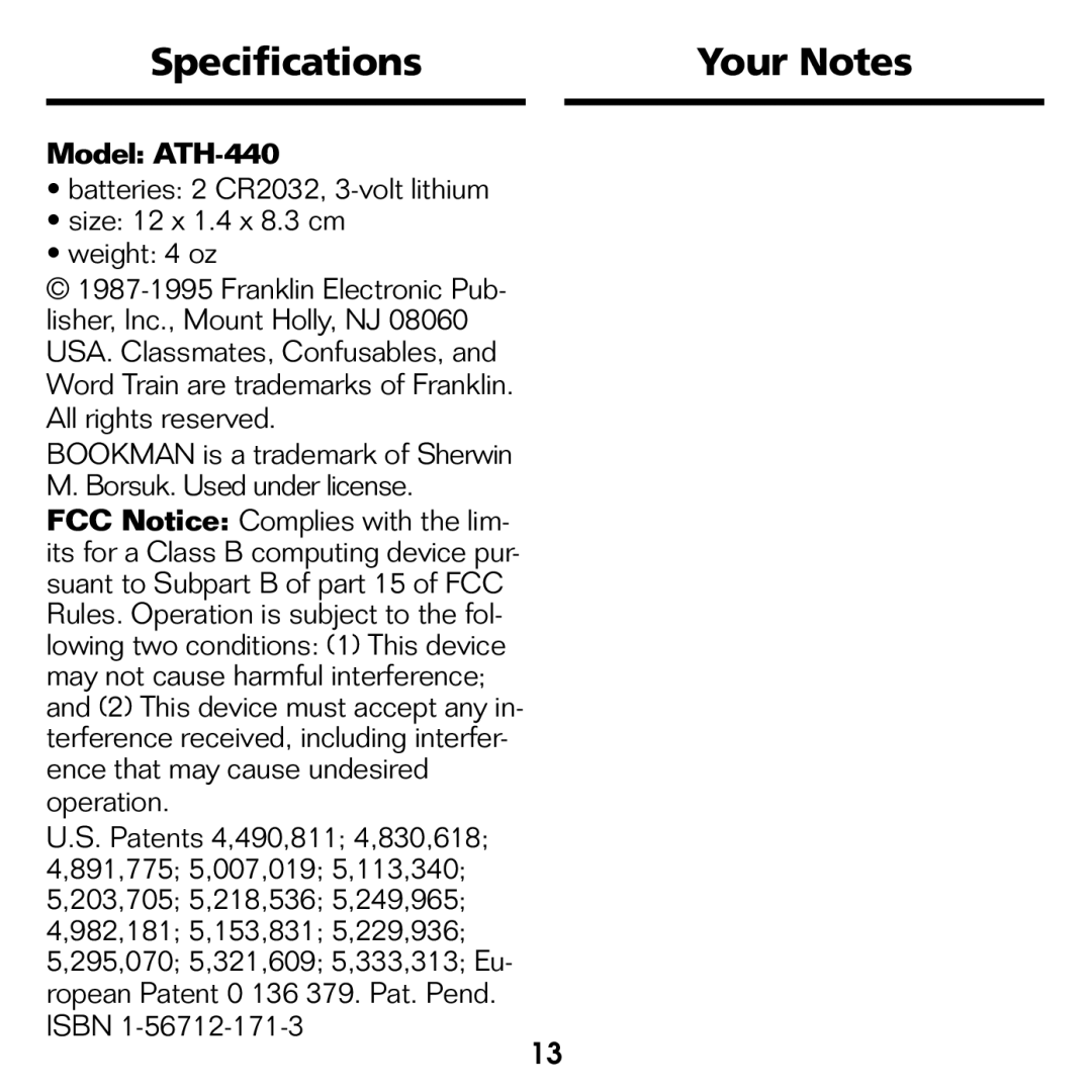 Franklin manual Specifications, Your Notes, Model ATH-440 