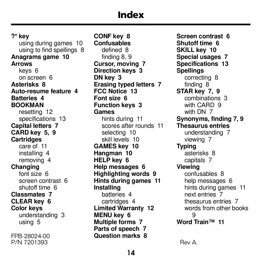 Franklin ATH-440 manual Index, Bookman 