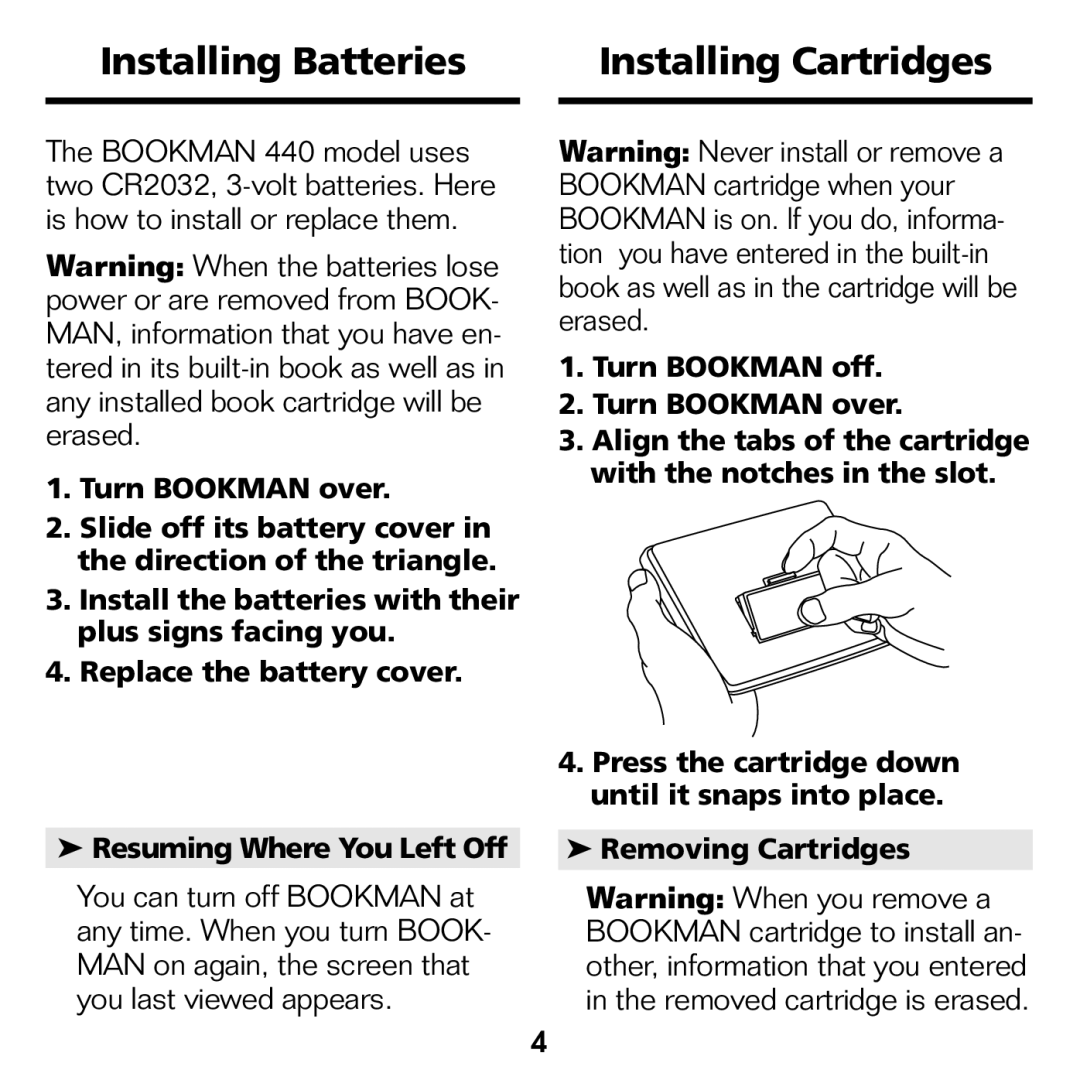 Franklin ATH-440 manual Installing Batteries Installing Cartridges 