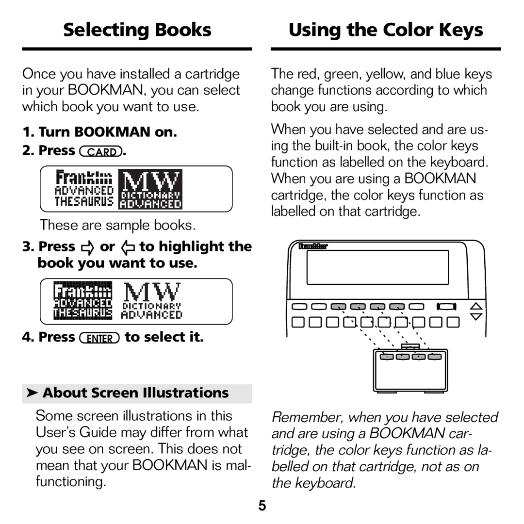 Franklin ATH-440 manual Selecting Books Using the Color Keys, Turn Bookman on Press Card 