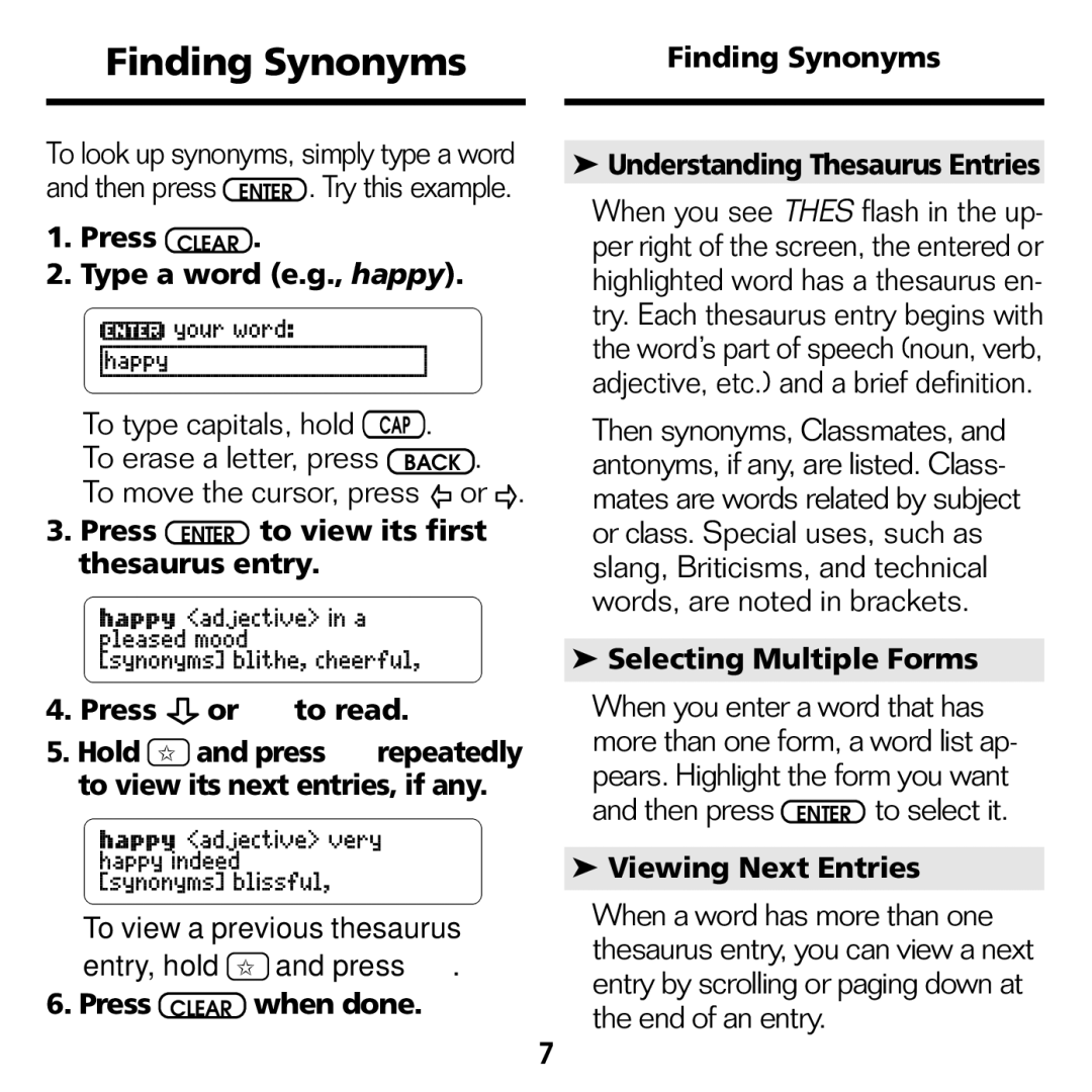 Franklin ATH-440 Finding Synonyms, Press Clear Type a word e.g., happy, Press Enter to view its first thesaurus entry 