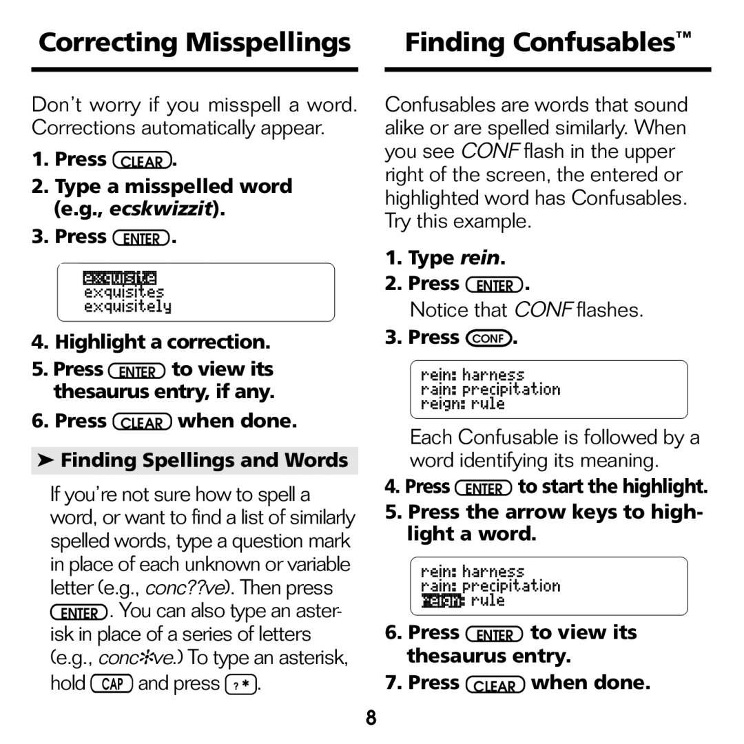 Franklin ATH-440 manual Correcting Misspellings, Finding Confusables, Type rein Press Enter Press Conf 