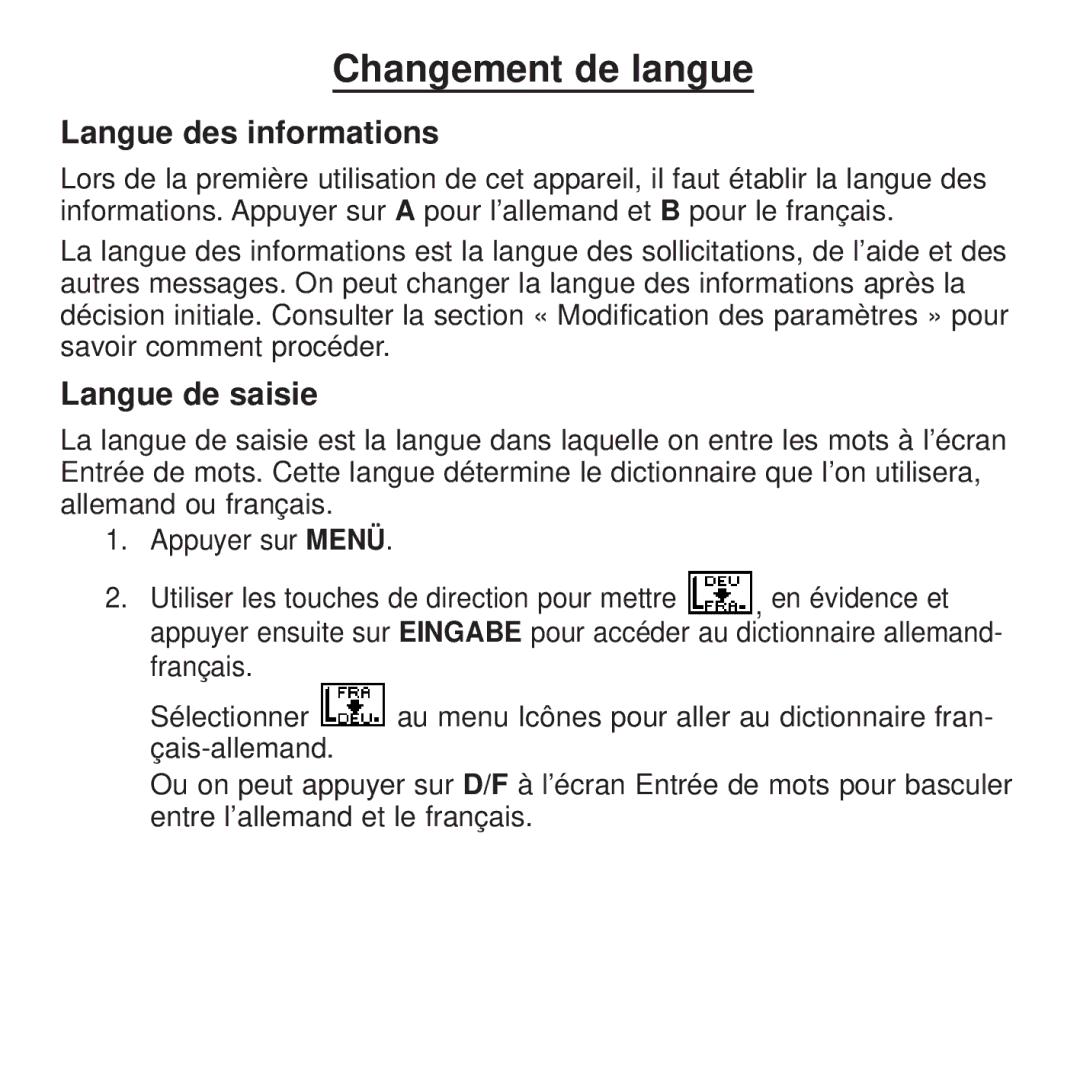 Franklin BDF-4045DL manual Changement de langue, Langue des informations, Langue de saisie 