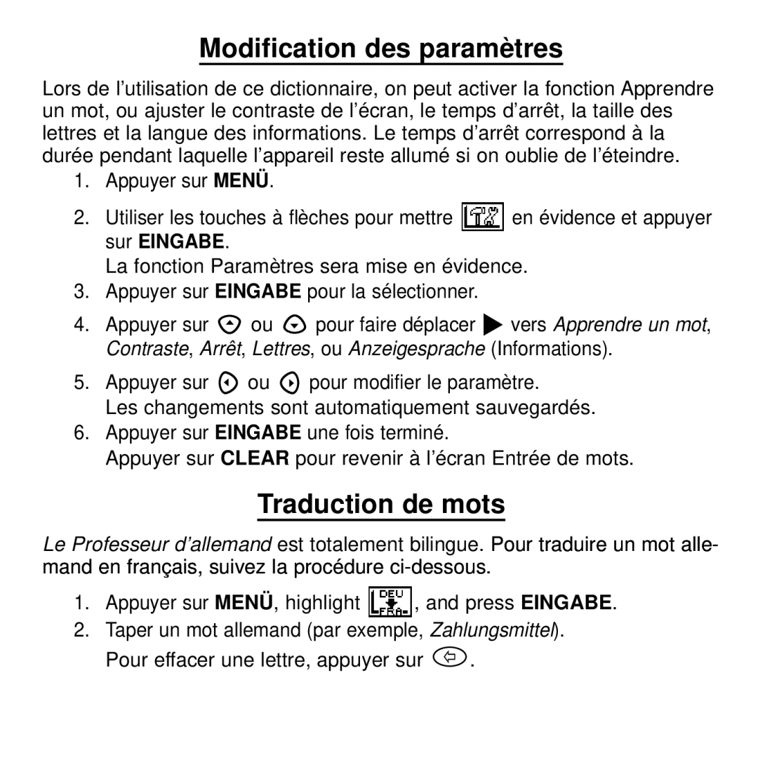 Franklin BDF-4045DL manual Modification des paramètres, Traduction de mots 