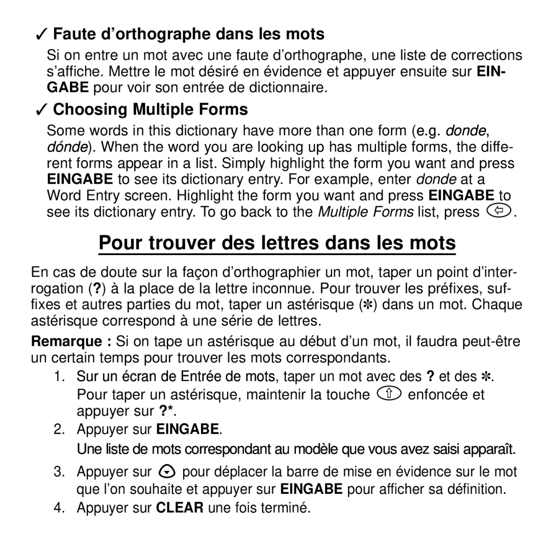 Franklin BDF-4045DL Pour trouver des lettres dans les mots, Faute d’orthographe dans les mots, Choosing Multiple Forms 