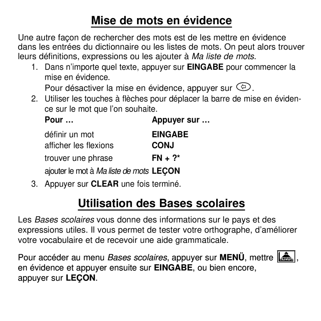 Franklin BDF-4045DL manual Mise de mots en évidence, Utilisation des Bases scolaires 