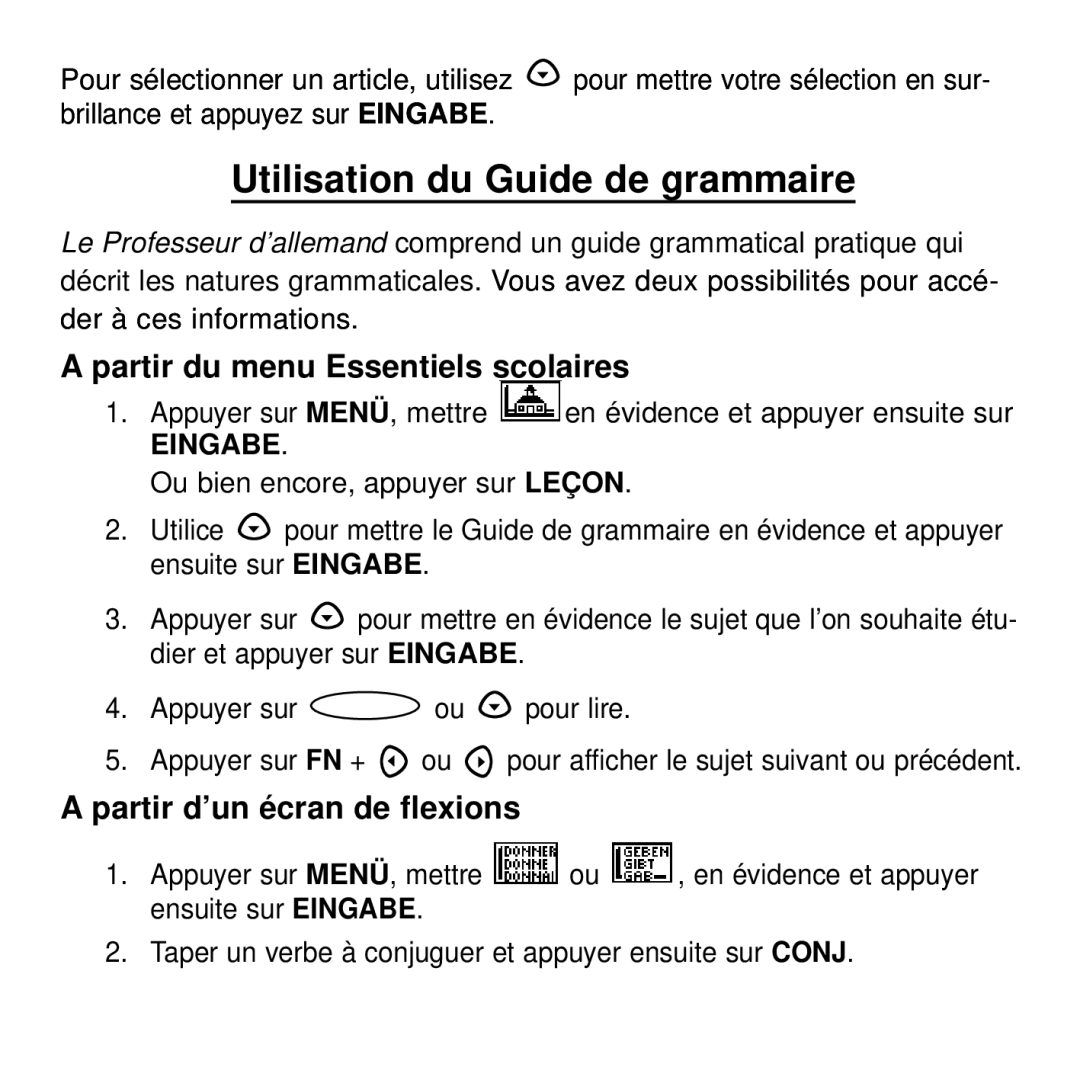 Franklin BDF-4045DL Utilisation du Guide de grammaire, Partir du menu Essentiels scolaires, Partir d’un écran de flexions 