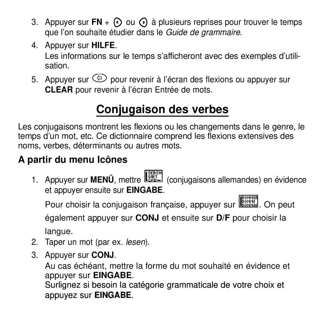 Franklin BDF-4045DL manual Conjugaison des verbes, Partir du menu Icônes 