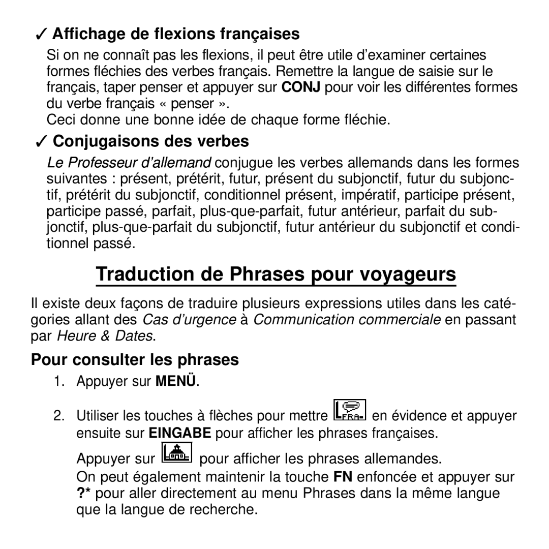 Franklin BDF-4045DL manual Traduction de Phrases pour voyageurs, Affichage de flexions françaises, Conjugaisons des verbes 