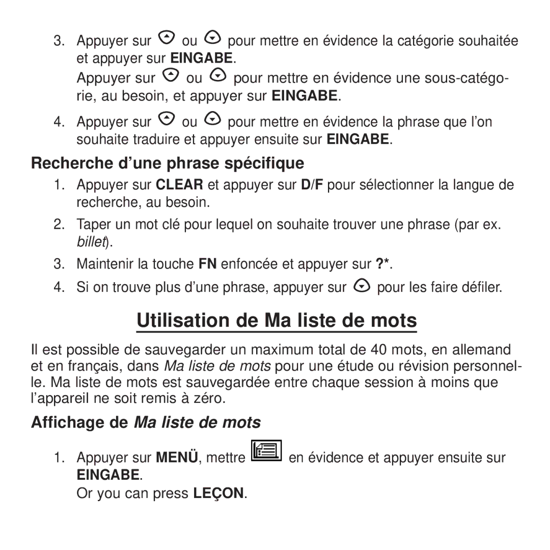 Franklin BDF-4045DL manual Utilisation de Ma liste de mots, Recherche d’une phrase spécifique 