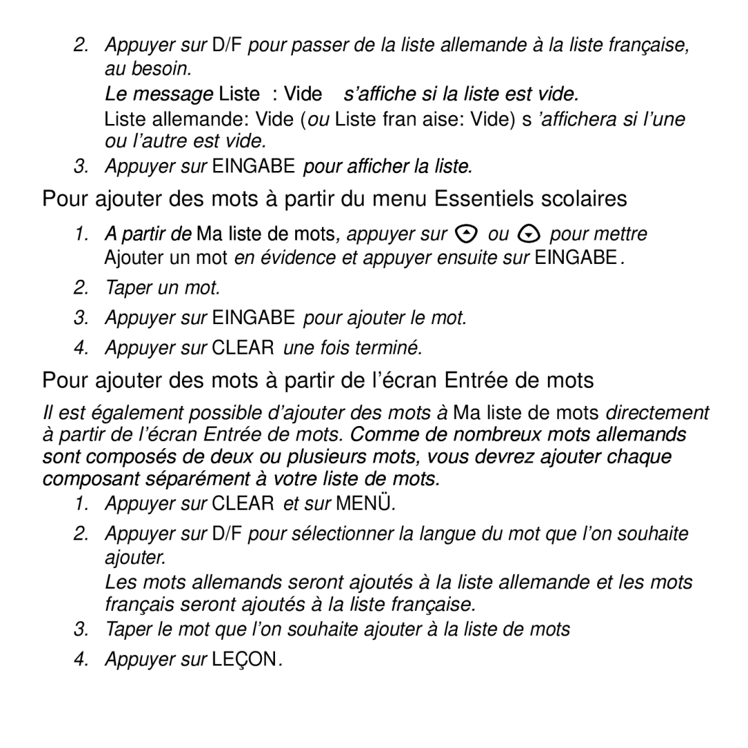 Franklin BDF-4045DL manual Pour ajouter des mots à partir du menu Essentiels scolaires 