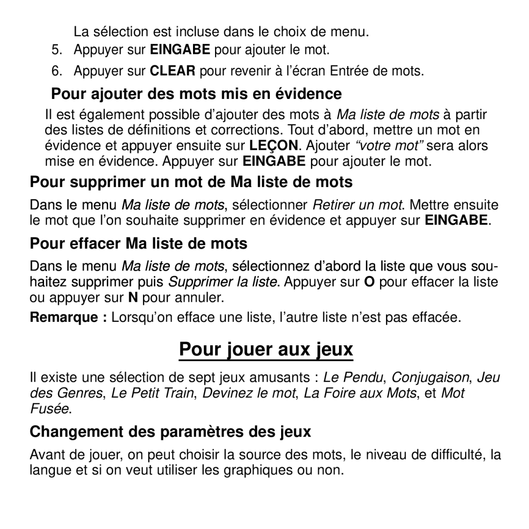 Franklin BDF-4045DL Pour jouer aux jeux, Pour ajouter des mots mis en évidence, Pour supprimer un mot de Ma liste de mots 