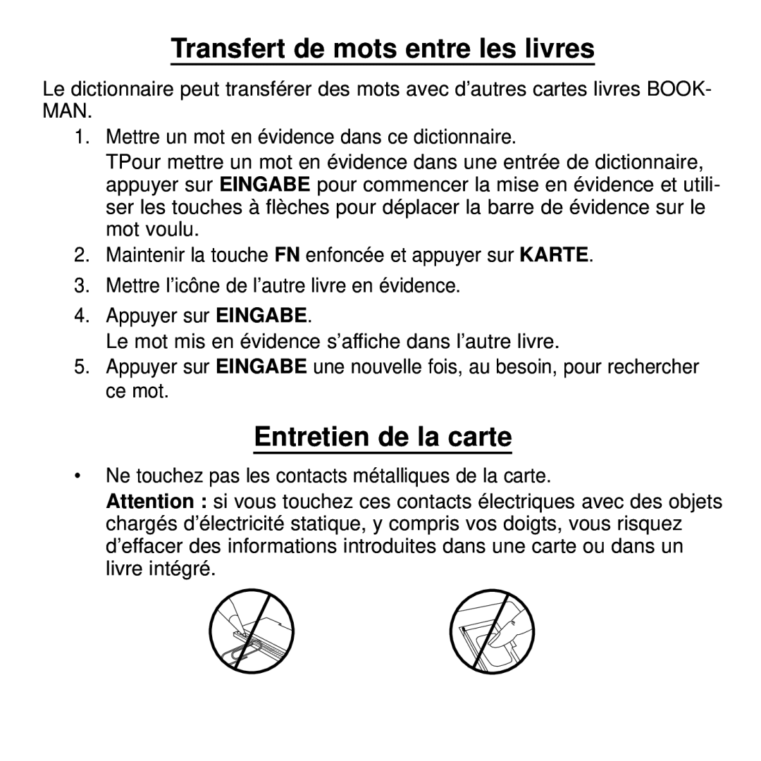 Franklin BDF-4045DL manual Transfert de mots entre les livres, Entretien de la carte 