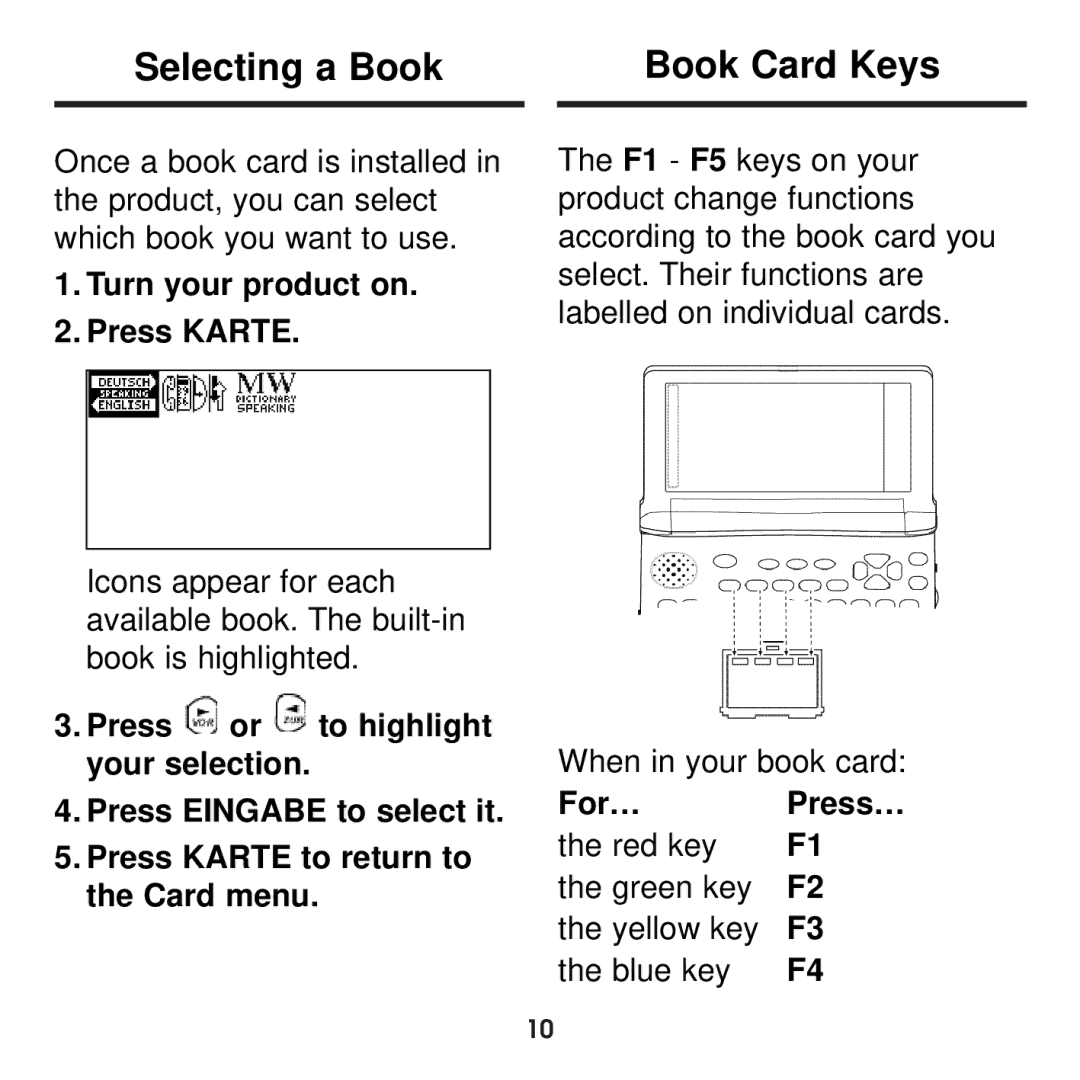 Franklin BDS-1860 manual Selecting a Book Book Card Keys, Turn your product on Press Karte 