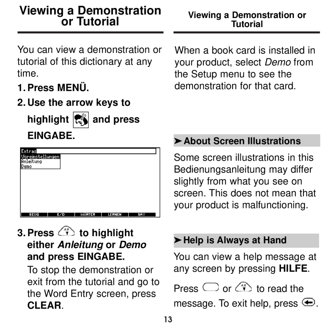 Franklin BDS-1860 manual Viewing a Demonstration Or Tutorial, Press Menü Use the arrow keys to Highlight and press 