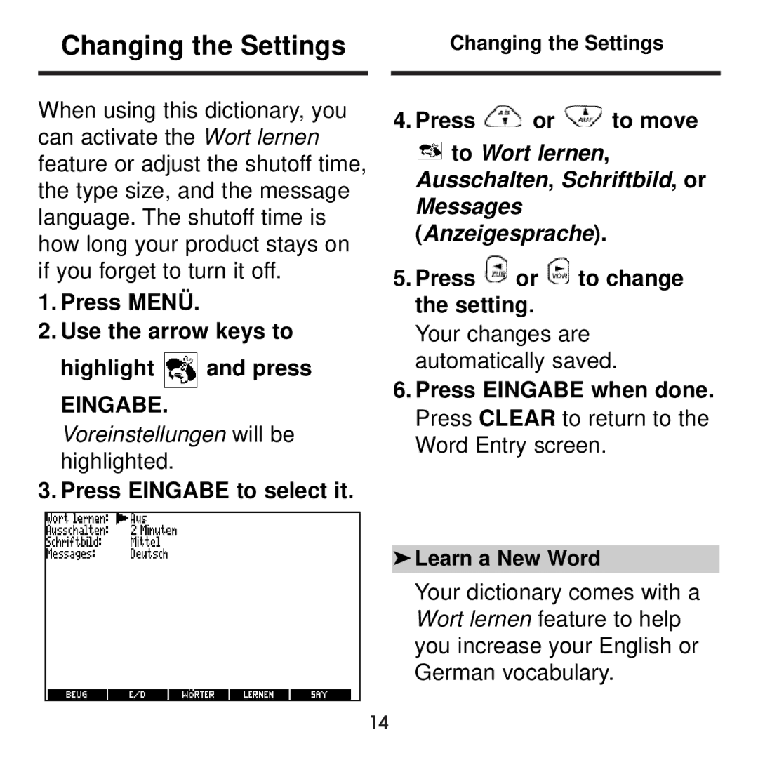 Franklin BDS-1860 manual Changing the Settings, Press or to change the setting 