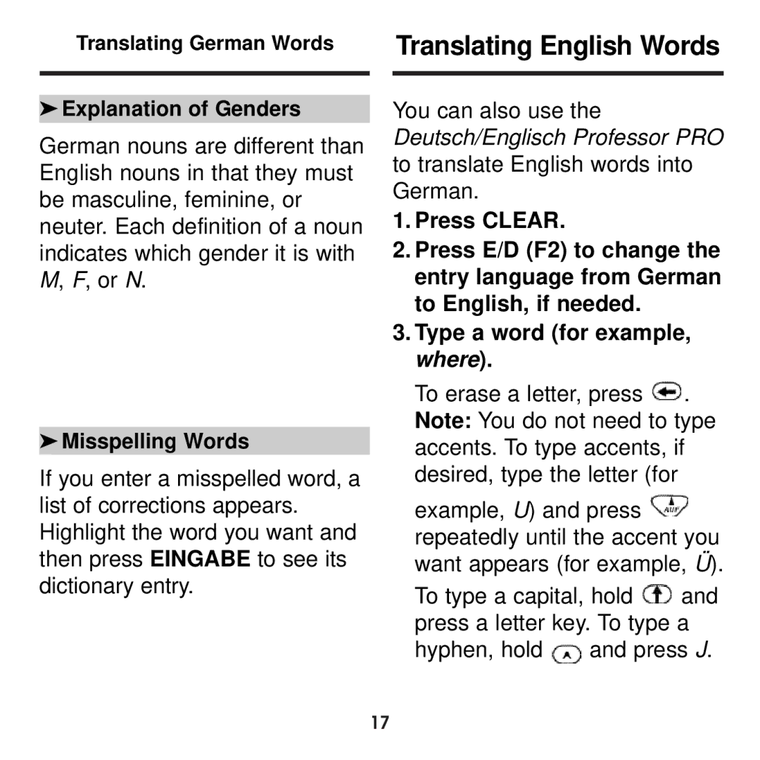 Franklin BDS-1860 manual Translating English Words, Explanation of Genders, Misspelling Words 