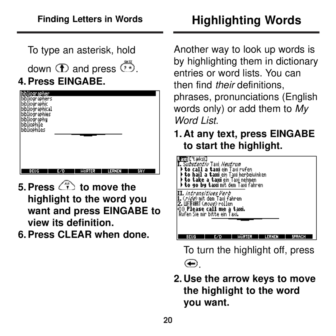 Franklin BDS-1860 manual Highlighting Words, At any text, press Eingabe to start the highlight 