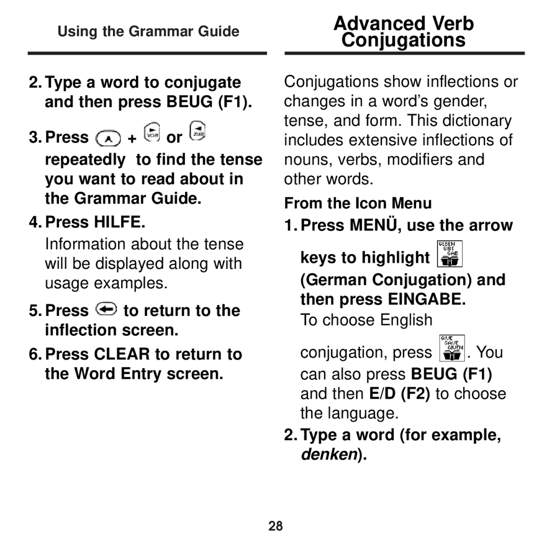 Franklin BDS-1860 manual Advanced Verb Conjugations, Type a word for example, denken 