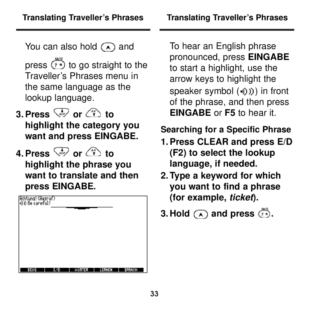 Franklin BDS-1860 manual Translating Traveller’s Phrases 