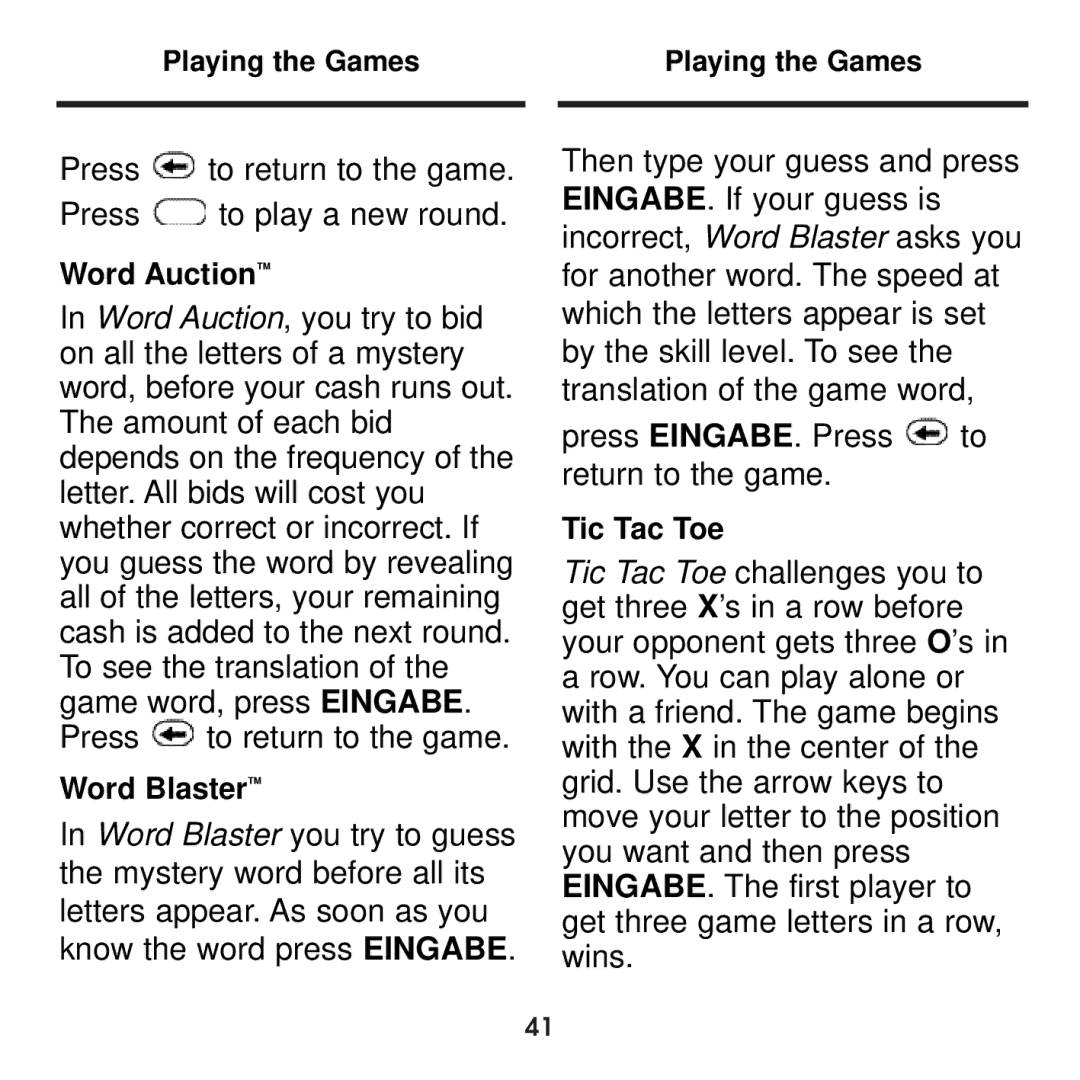 Franklin BDS-1860 manual Word Auction, Word Blaster, Tic Tac Toe 