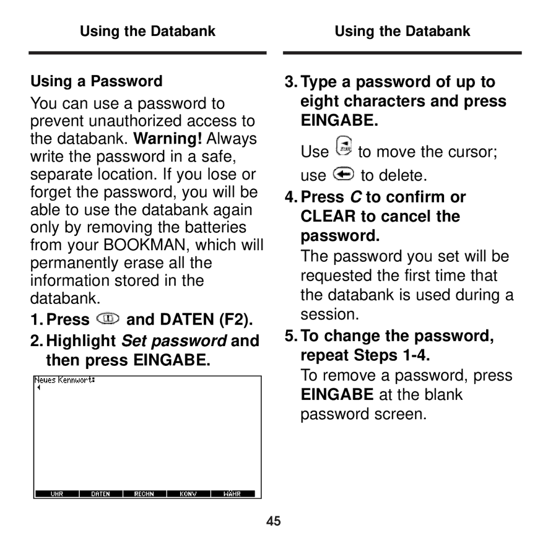 Franklin BDS-1860 manual Using a Password, Press C to confirm or Clear to cancel the password 