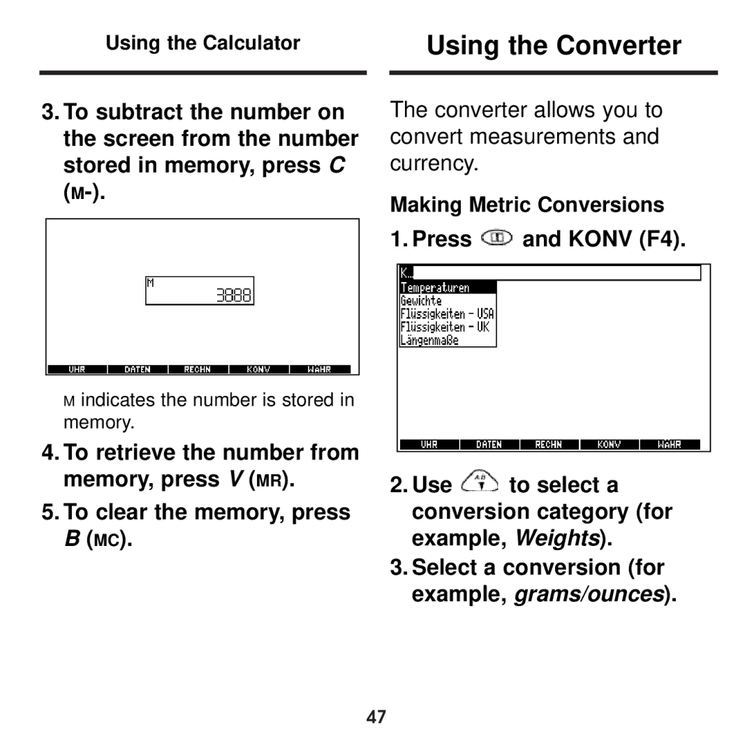 Franklin BDS-1860 manual Using the Converter, Making Metric Conversions Press and Konv F4 