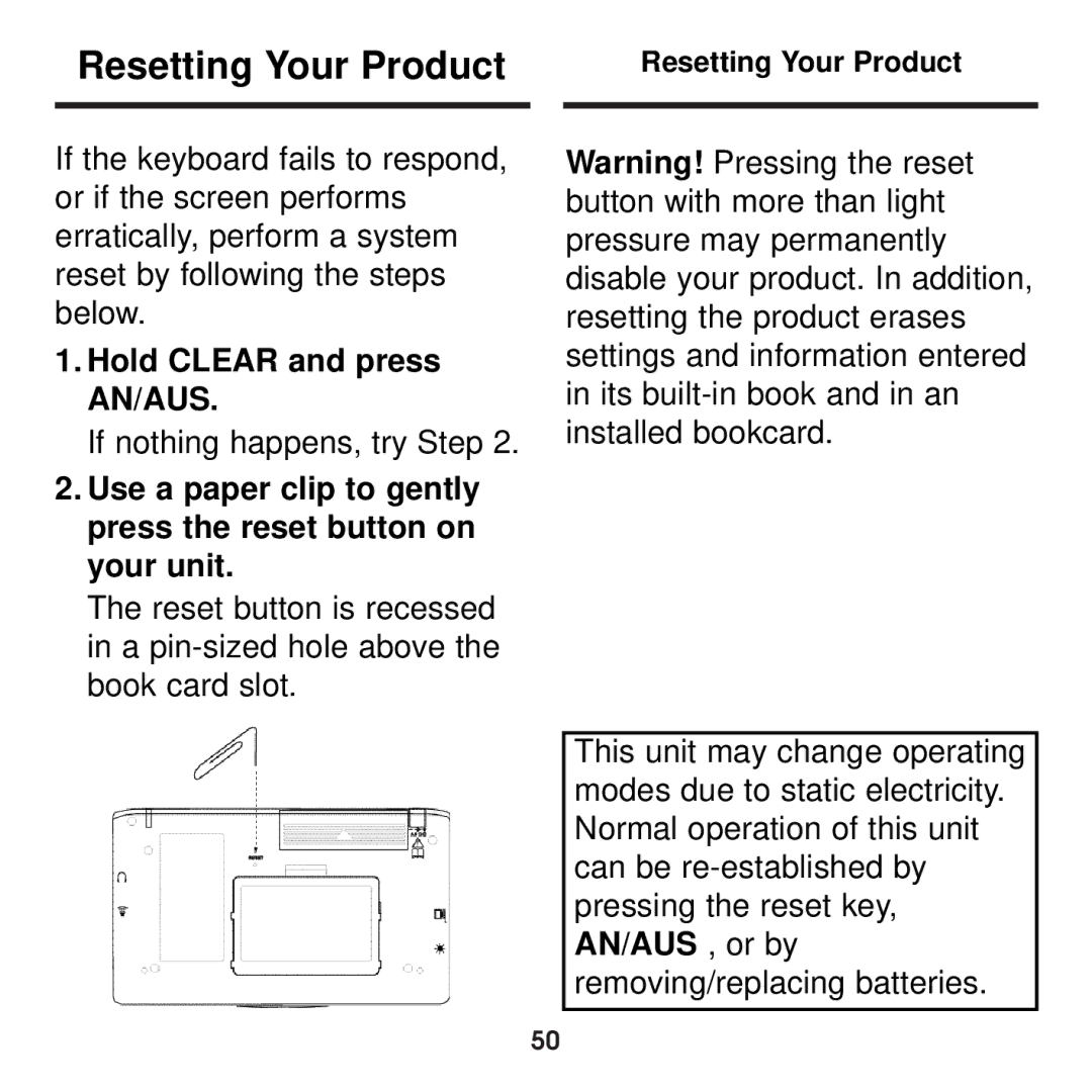 Franklin BDS-1860 manual Resetting Your Product, Hold Clear and press AN/AUS 