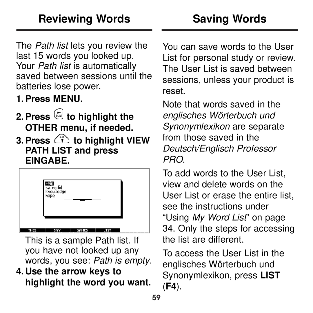 Franklin BDS-1860 manual Reviewing Words Saving Words, Use the arrow keys to highlight the word you want 